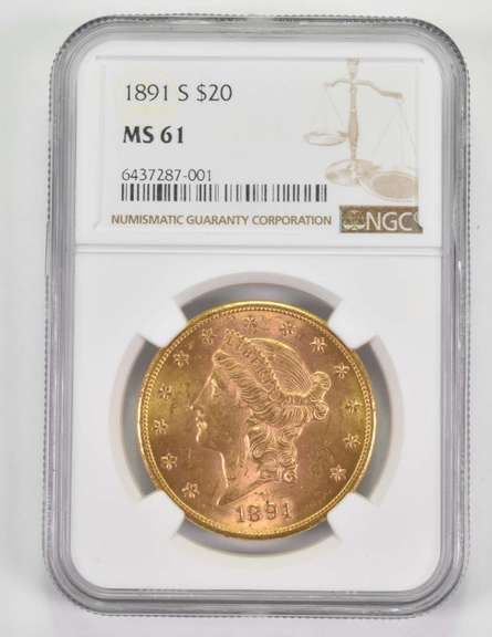 MS61 1891-S $20 Liberty Head Gold Double Eagle - Graded NGC