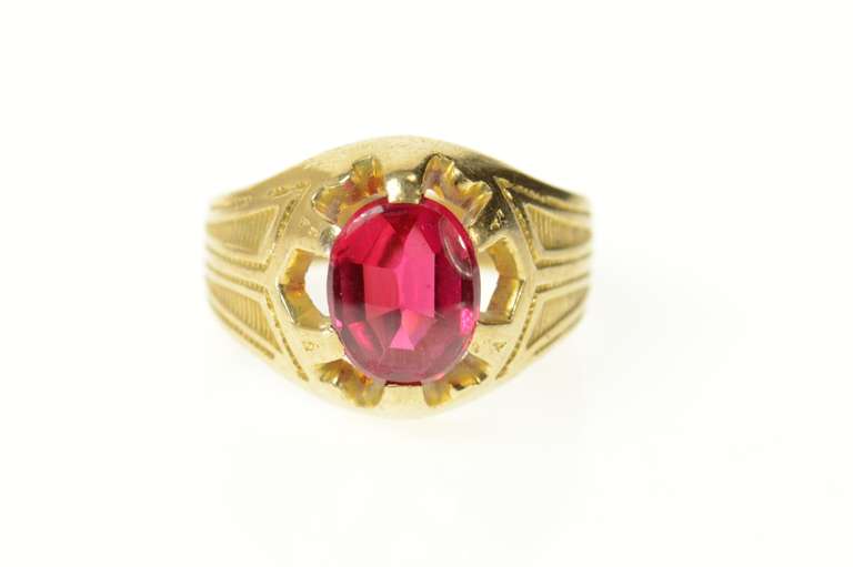 14K Yellow Gold 1930's Ornate Syn. Ruby Statement Ring