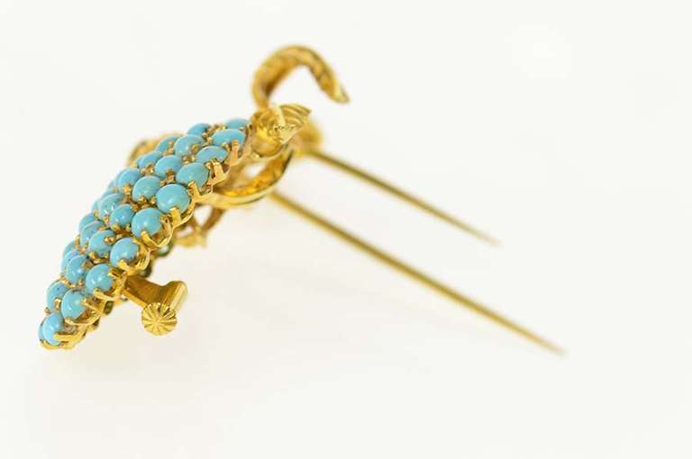 18K Yellow Gold Pave Turquoise Flower Motif Diamond Pin/Brooch