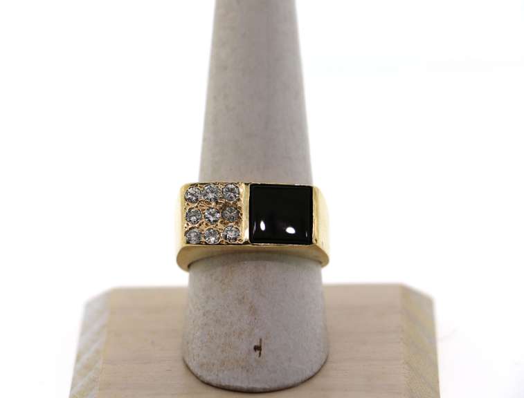 Checkered 14k Gold Diamond and Onyx Signet Ring