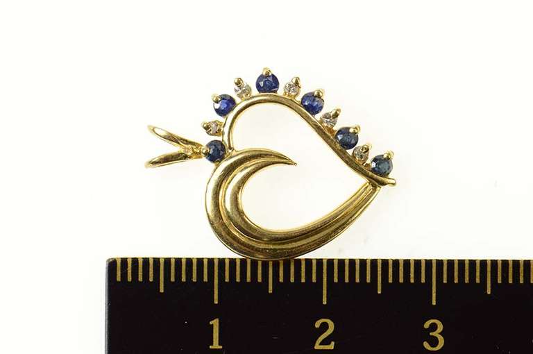 10K Yellow Gold Sapphire Diamond Wavy Curvy Heart Love Pendant