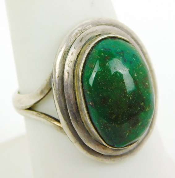 2 Chunky Sterling Rings with Green Stones, 7.25