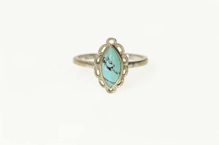 10K White Gold Marquise Turquoise Scalloped Trim Statement Ring