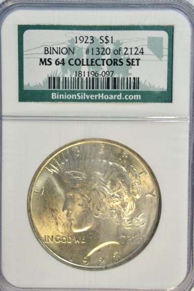 Near Gem BU 1923 Peace Silver Dollar. NGC MS64 Collectors Set
