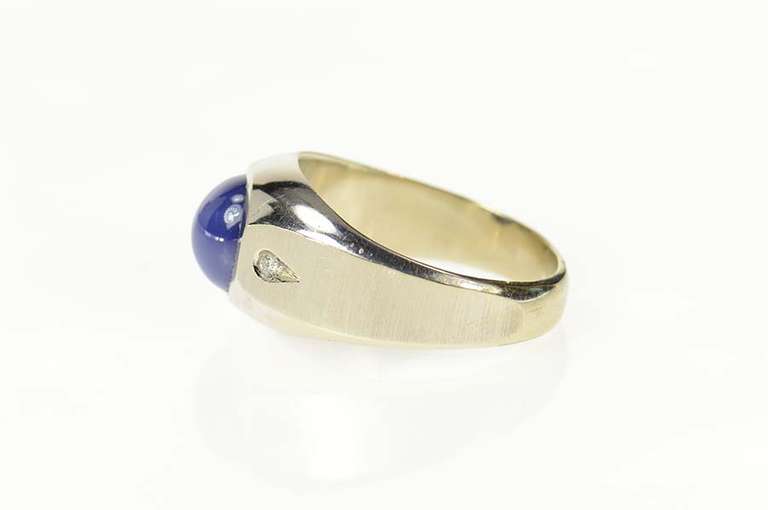 14K White Gold Blue Syn. Star Sapphire Diamond Men's Ring