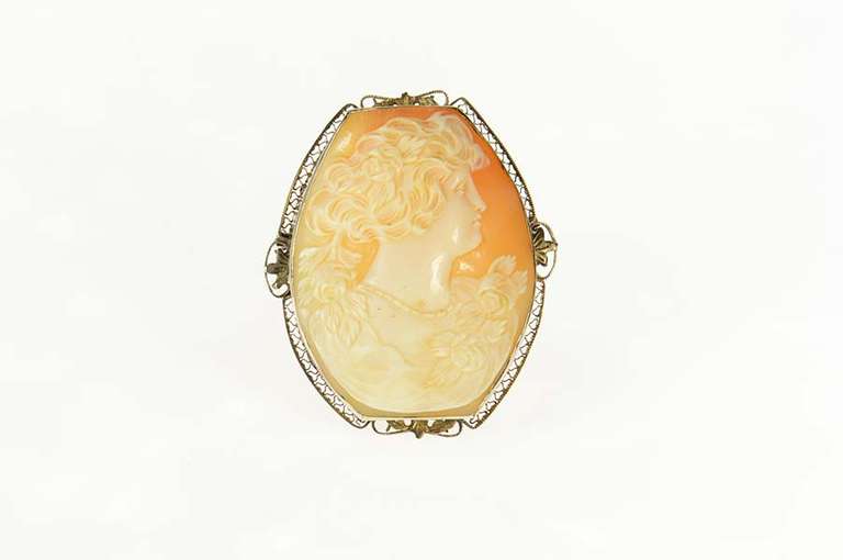 14K Yellow Gold Victorian Carved Lady Ornate Statement Pin/Brooch