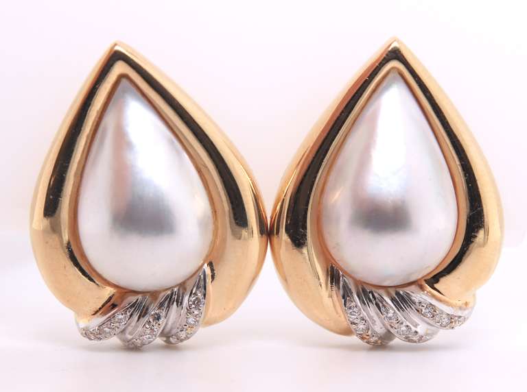 Dreamy White Gold Mabe Pearl and Diamond Clip on Earrings