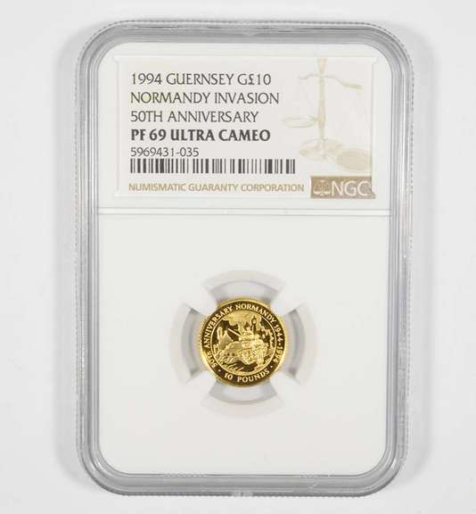 PF69UCAM 1994 Guernsey 10 Gold Pounds - Normandy 50th Anniv - NGC