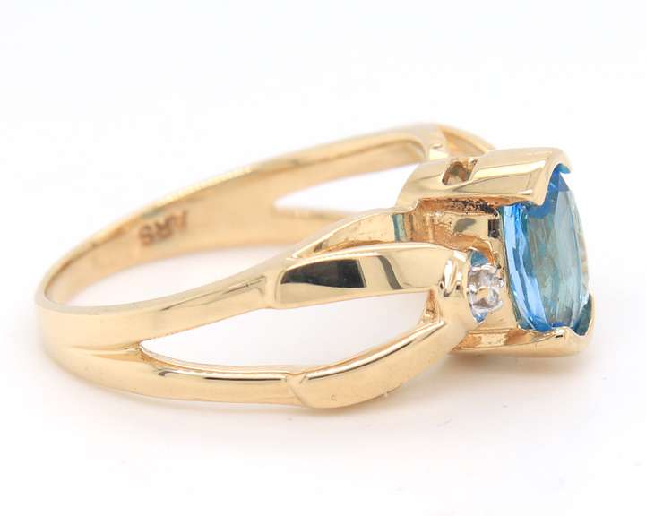 Favorite Yellow Gold Blue Topaz and Diamond Half Bezel Ring