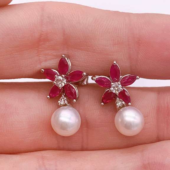 14kt Gold, Ruby, Diamond, & Pearl Earrings