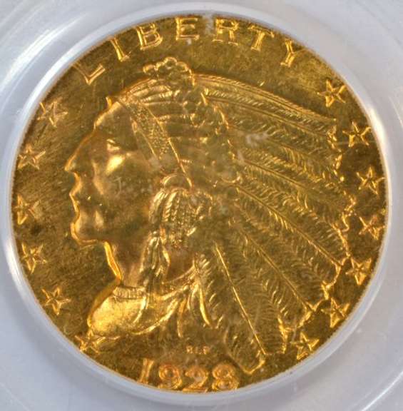 Choice BU 1928 US $2.50 Indian Gold Piece. PCGS MS62