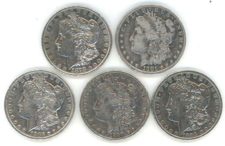 Nice run of 5 Diff. Morgan Silver Dollars 1878 to 1894-O
