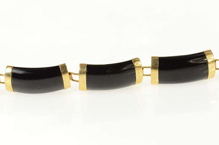 14K Yellow Gold Black Onyx Curved Bar Link Statement Bracelet