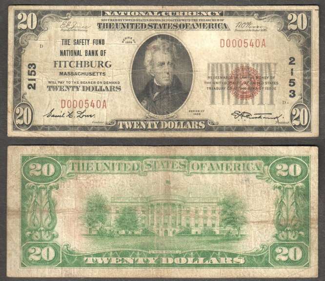 $20 1929-I  NBN Fitchburg, MA Ch. 2153 Circulated