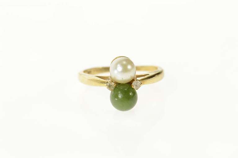 14K Yellow Gold Pearl Jadeite CZ Accent Statement Ring