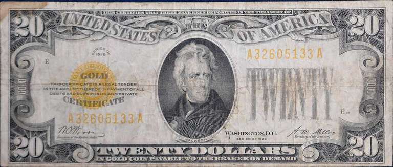 Series Of 1928 $20 Gold Certificate, Circulated. FR.2402