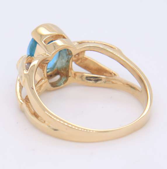 Favorite Yellow Gold Blue Topaz and Diamond Half Bezel Ring