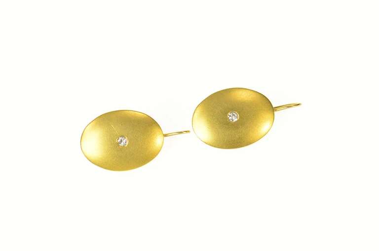 14K Yellow Gold Satin Finish Retro Diamond Oval Dangle Earrings