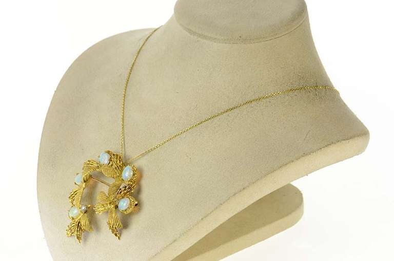 18K Yellow Gold Opal Diamond Retro Leaf Cluster Statement Pendant/Pin