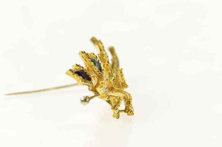 18K Yellow Gold Blue Green Enamel Diamond Leaf Cluster Pin/Brooch