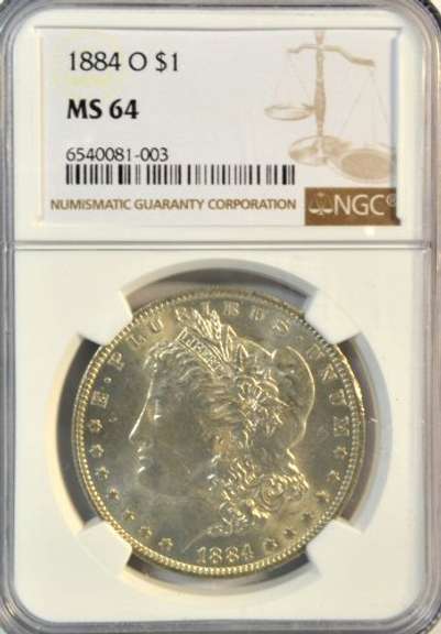 Bright-white near Gem BU 1884-O Morgan Silver Dollar. NGC MS64