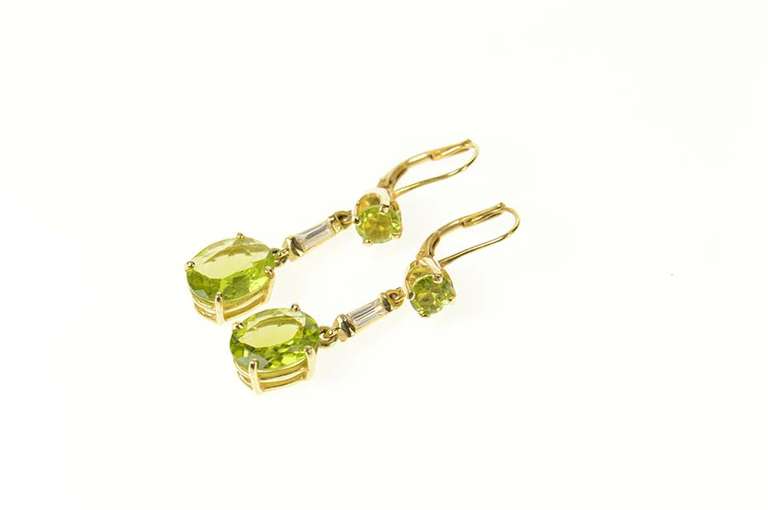 14K Yellow Gold Peridot Dangle CZ Baguette Accent Statement Earrings