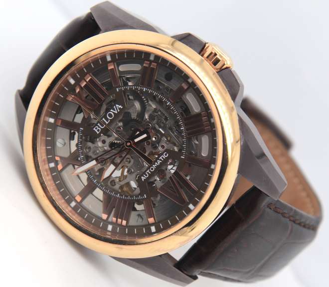 Bulova Sutton Classic Automatic Skeleton Dial Brown Leather Watch