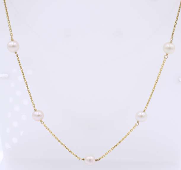 Elegant 5.5mm Pearl Station Yellow Gold Necklace