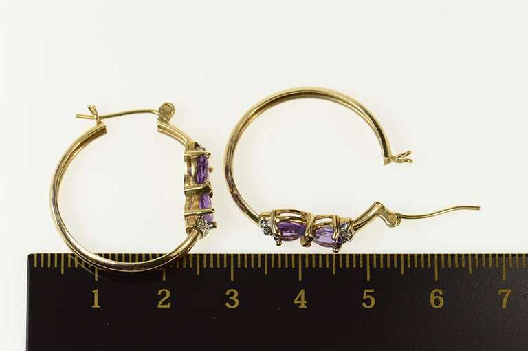 10K Yellow Gold Heart Amethyst Diamond Accent Hoop Earrings