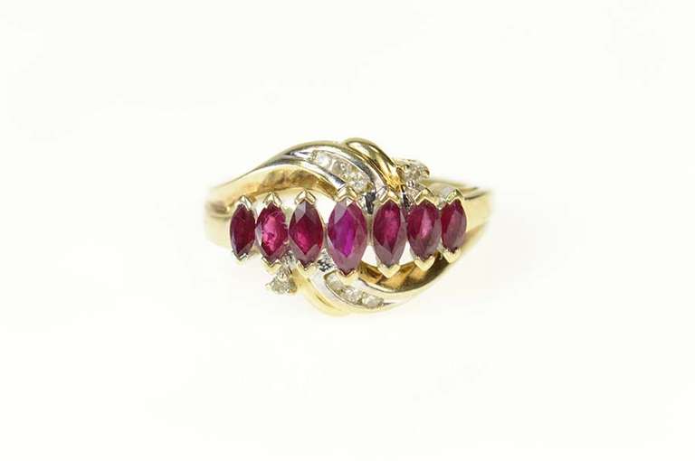10K Yellow Gold Marquise Ruby Diamond Ornate Statement Ring