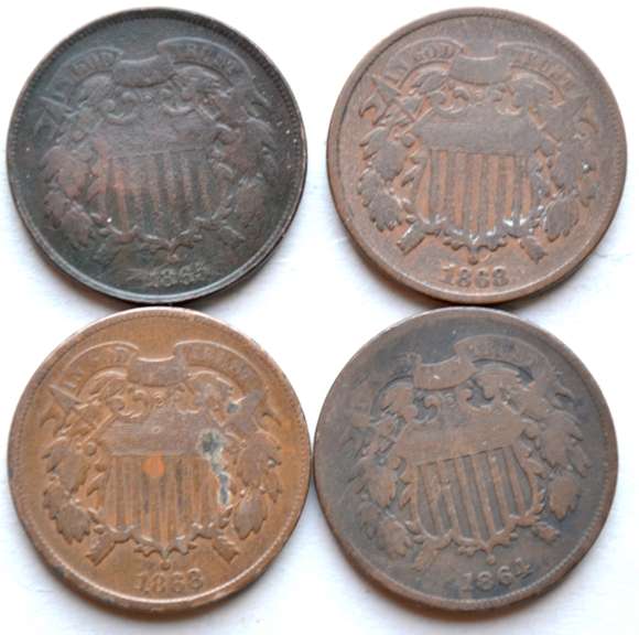 1864 1865 & 2 1868 Two Cent Pieces