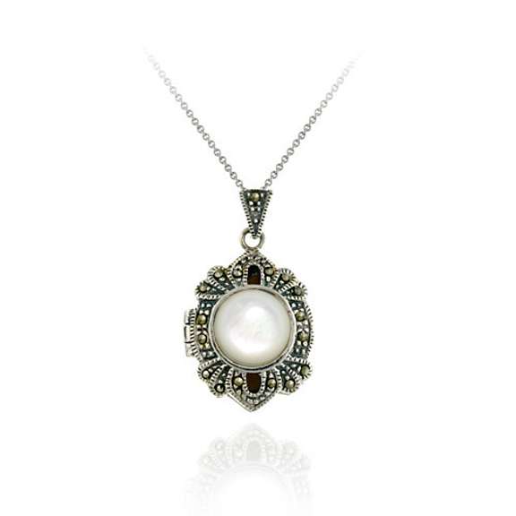 Sterling Silver Mother of Pearl and Marcasite Locket Pendant