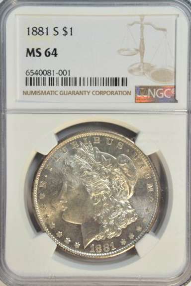 Gorgeous near Gem BU 1881-S Morgan Silver Dollar. NGC MS64