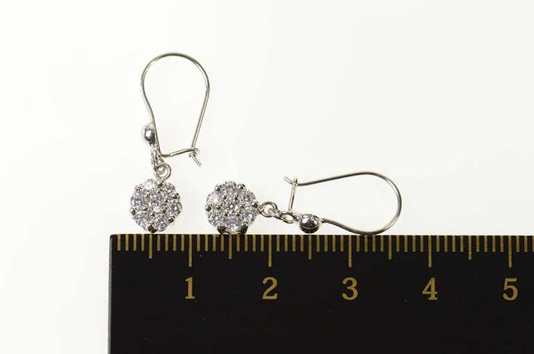 14K White Gold Classic Flower Round Cluster Dangle CZ Earrings