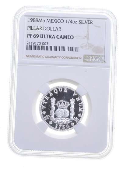 PF69 UCAM 1988 Mexico 1/4 Oz. Silver Pillar Dollar - Graded NGC