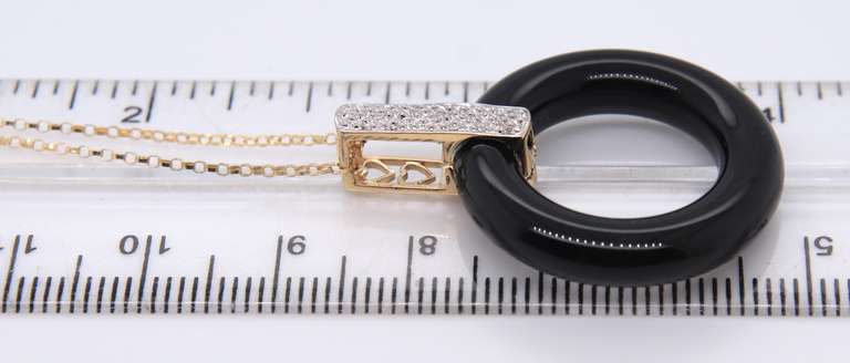 Amazing Yellow Gold Black Onyx Circle w Diamond Bail Pendant on Chain