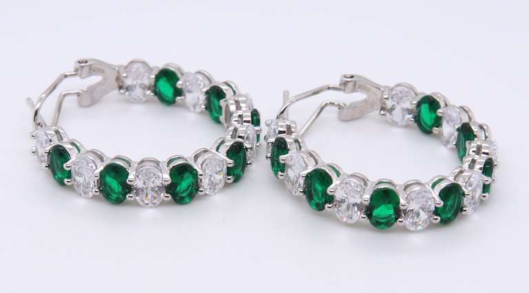 Sterling Silver Green and White Cubic Zirconia Hoop Earrings