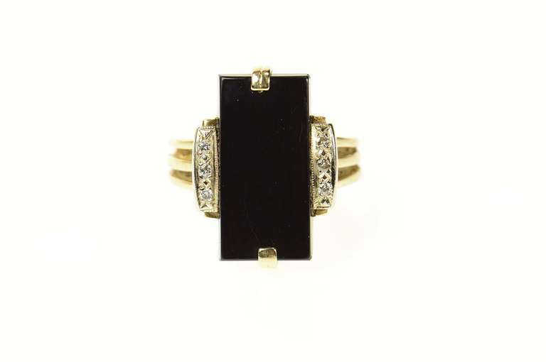 14K Yellow Gold Retro Black Onyx Diamond Accent Statement Ring
