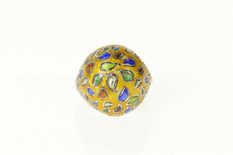 Sterling Silver Yellow Blue Green Enamel Retro Domed Ring