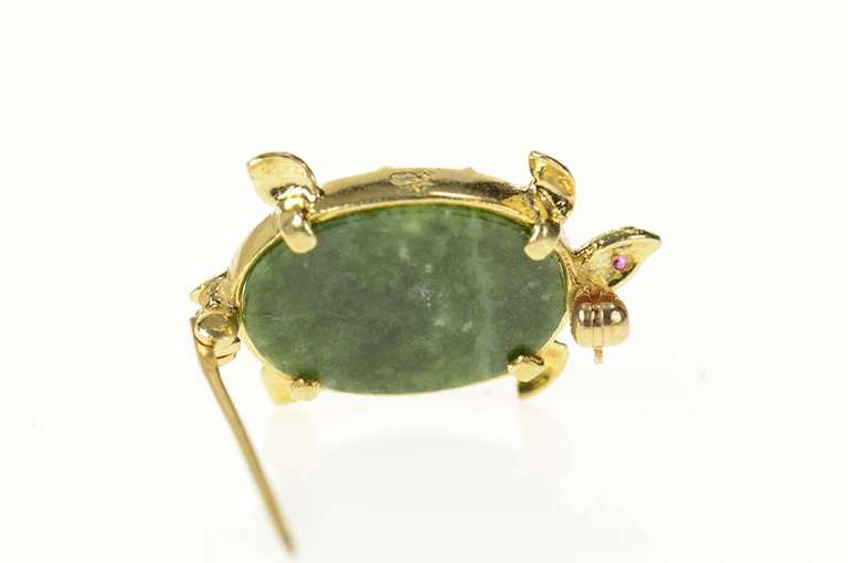 14K Yellow Gold Green Agate Ruby Eyed Turtle Statement Pin/Brooch