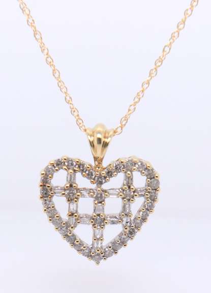 Dainty 10KT Cross-Hatch Baguette Diamond Heart Pendant on Chain