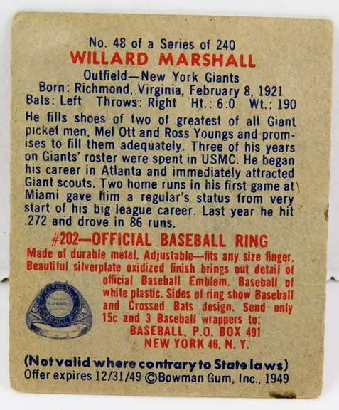 Willard Marshall 1949 Bowman Gum Baseball Card
