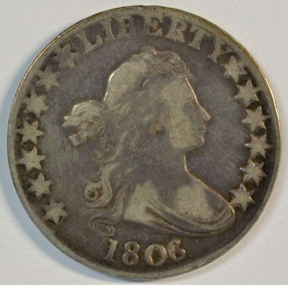 Very scarce 1806 over '5' Draped Bust Half Dollar in VF+