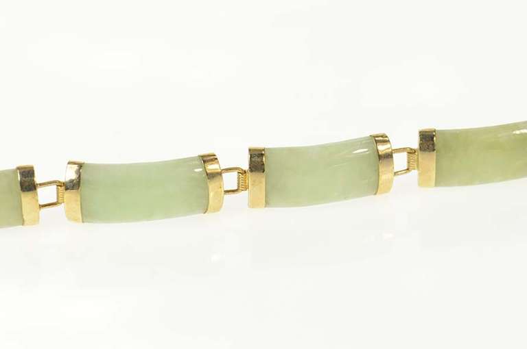 14K Yellow Gold Carved Jade Bar Link Chinese Happiness Bracelet