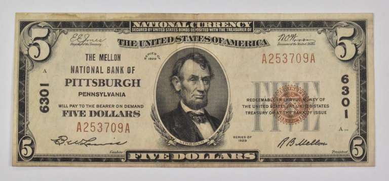 1929 $5 Pittsburgh, PA United States National Currency - 6301