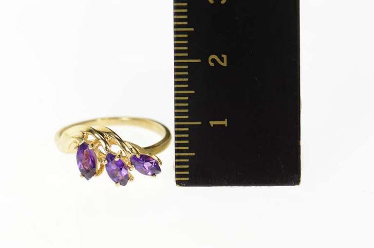 14K Yellow Gold Marquise Amethyst Three Stone Bypass Ring