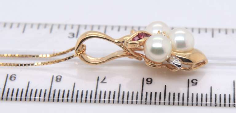 Gorgeous Triple Pearl w Diamond and Ruby Accent Necklace