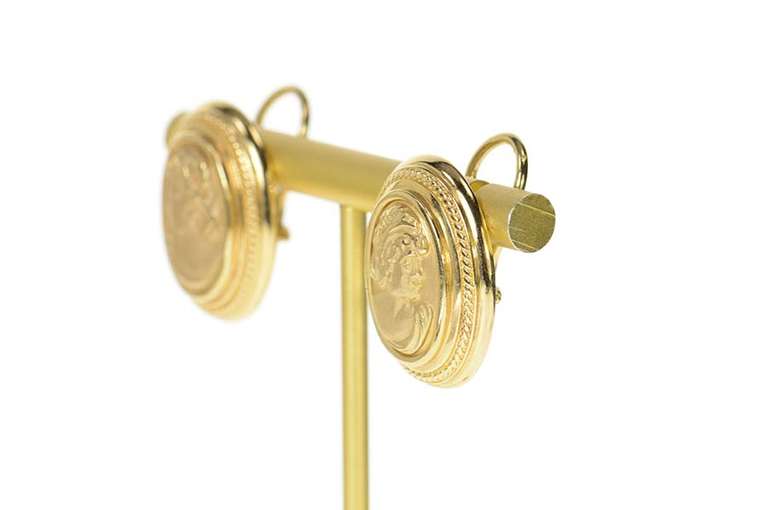 14K Yellow Gold Ornate Repousse Lady Cameo French Clip Earrings