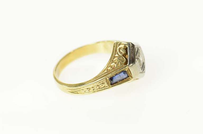 14K Yellow Gold Art Deco Diamond Sapphire Etched Engagement Ring