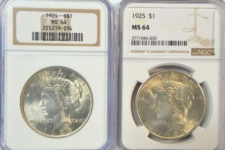 NGC MS64 graded 1924 & 1925 Peace Silver Dollars. Nice